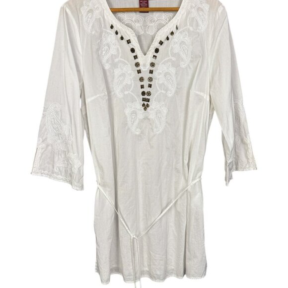 White Embroidered Cotton Tunic Coastal Cowgirl, Boho, Swim Cover Up - Picture 6 of 6